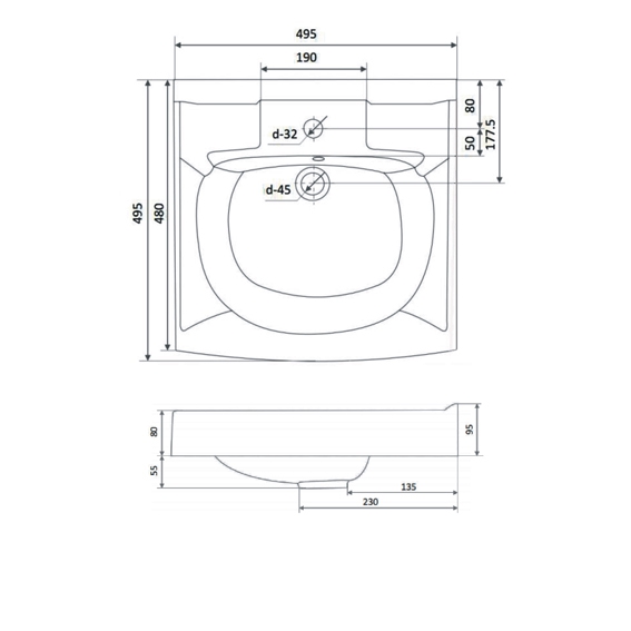 Раковина над стиральной машиной KOMPAKT 500х500 с кронштейнами и сливной системой Altasan
