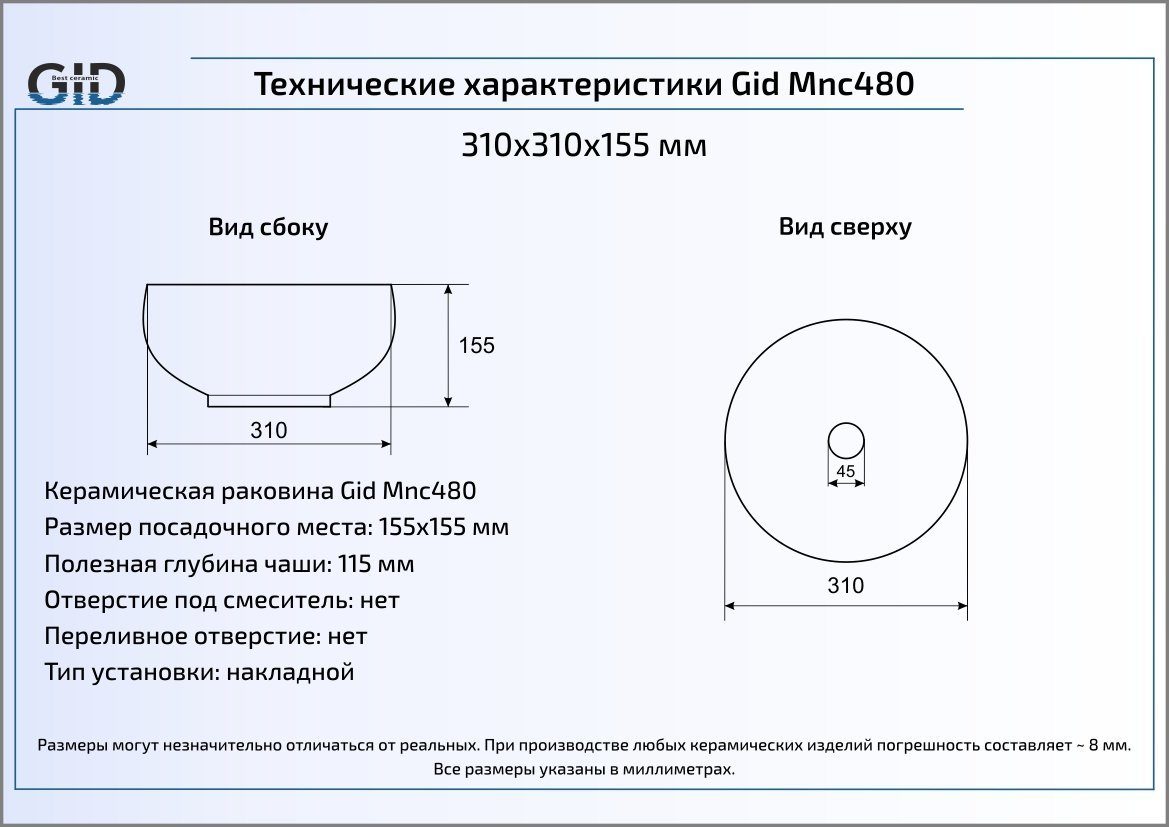 Раковина накладная 31см Gid Mnc480 серый