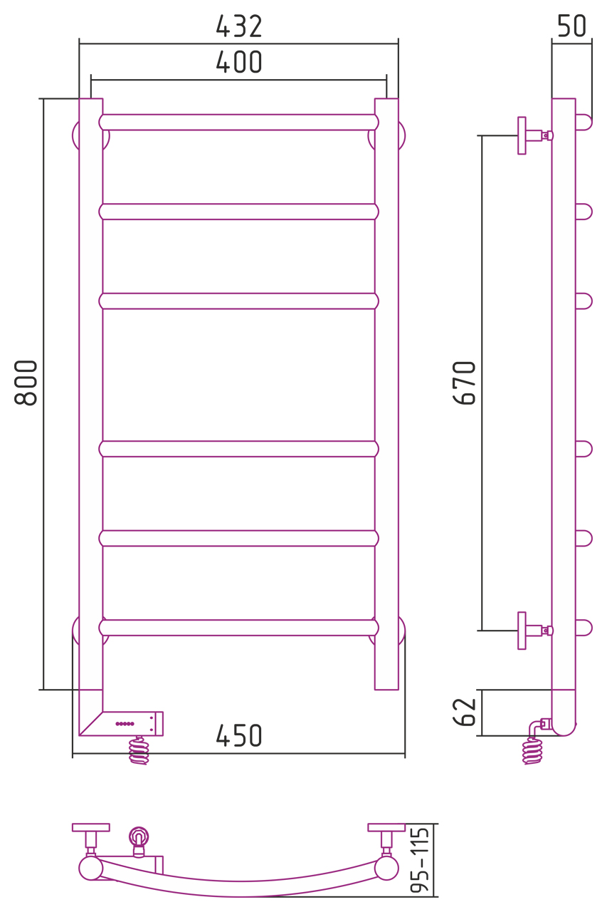 Полотенцесушитель электрический Сунержа Галант 2.0 80х40 состаренная бронза, подключение правое