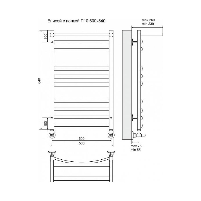 Полотенцесушитель водяной Terminus Енисей П10 500x840 с полкой