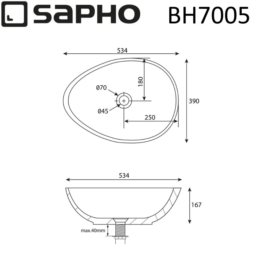 Раковина накладная 53см SAPHO PUNC BH7005 серый