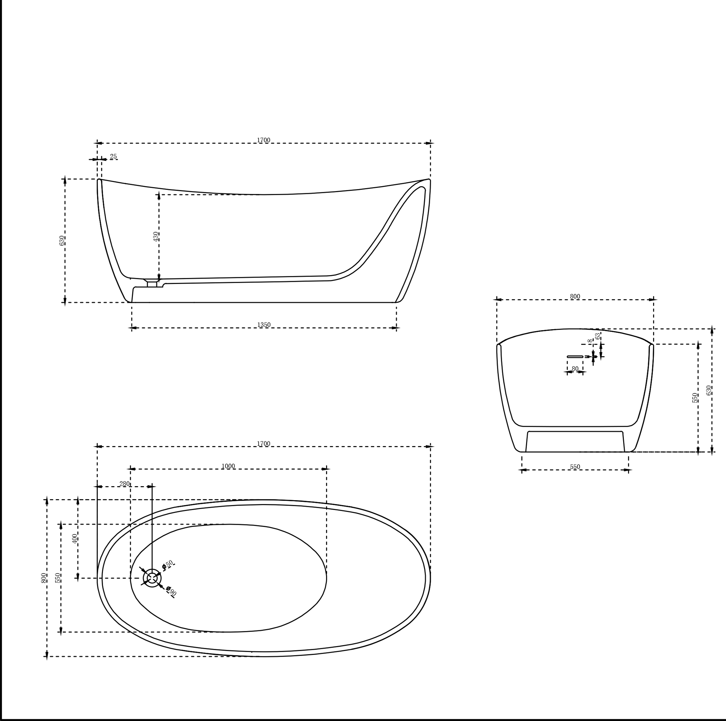Ванна из искусственного камня 170х80 Vincea VBT-6S03MW белый матовый