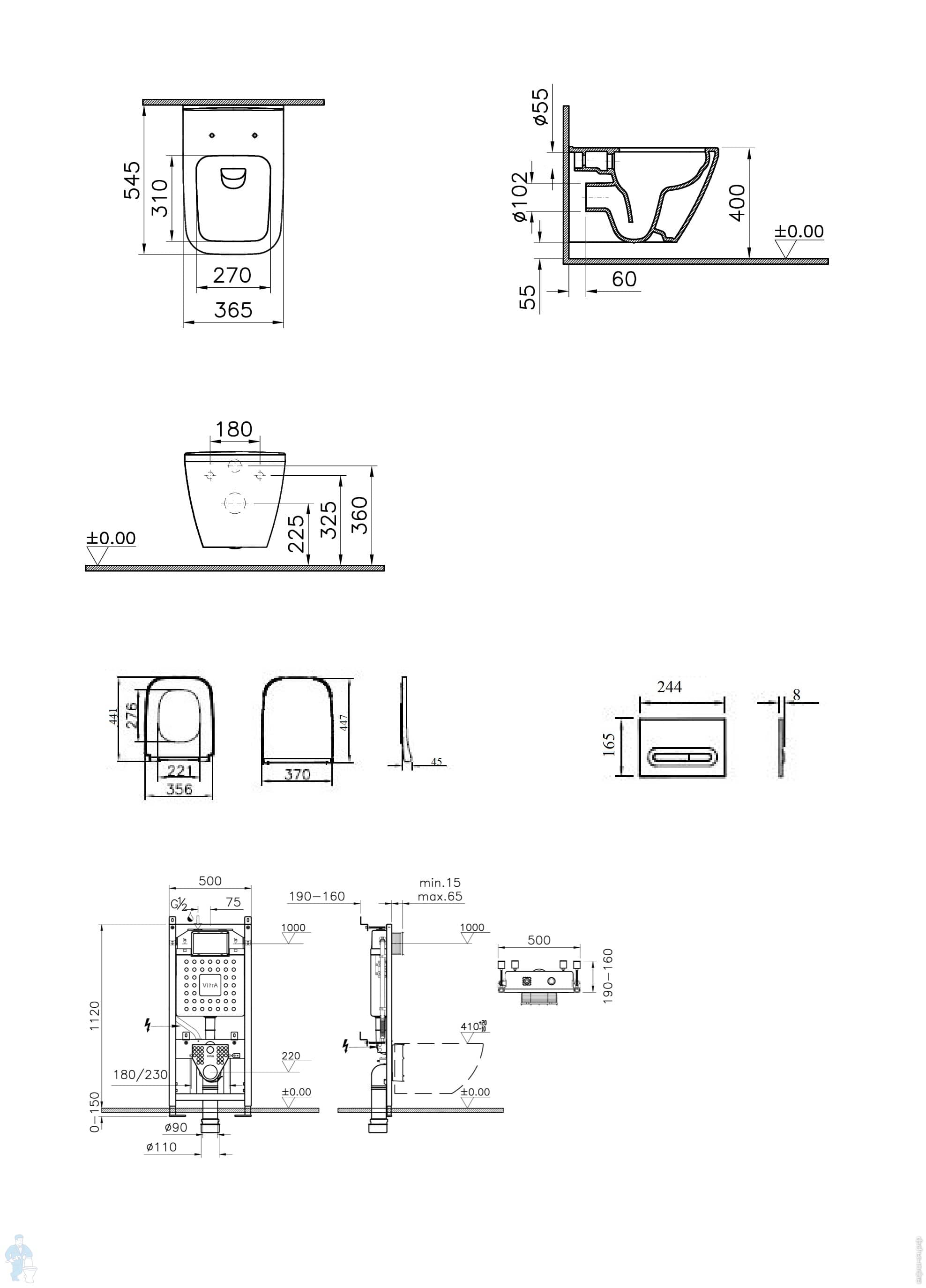 Комплект подвесной безободковый унитаз VitrA Integra Square, система инсталляции VitrA V12, кнопка Loop T матовый хром, тонкое сиденье микролифт