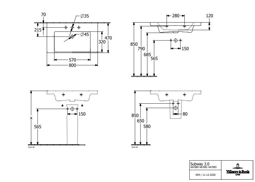Раковина подвесная Villeroy & Boch Subway 3.0 80см 4A708001 белый