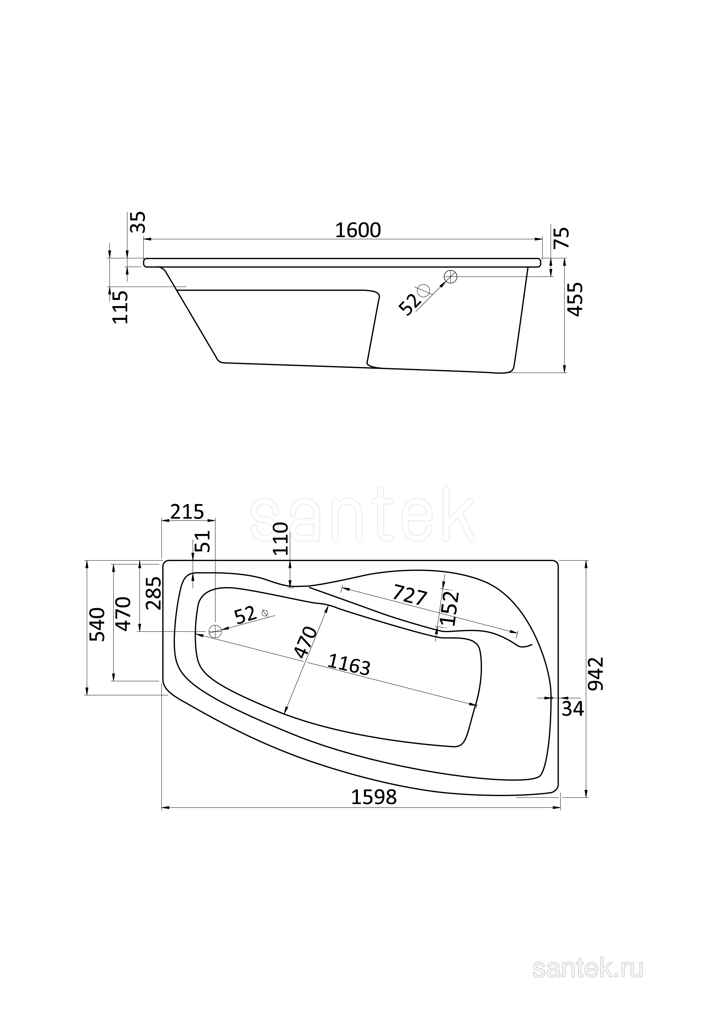 Акриловая ванна Santek Майорка XL 160х95 R асимметричная белая 1WH111990