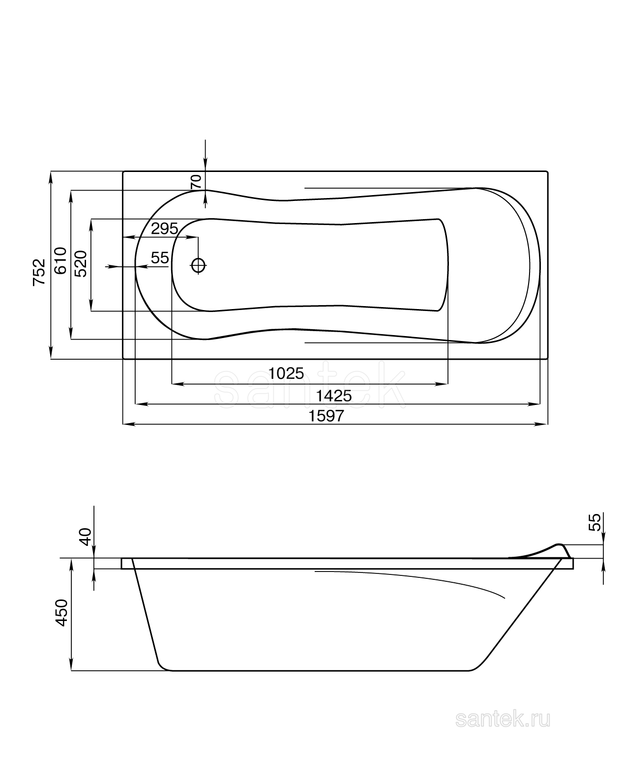 Акриловая ванна Santek Каледония 160х75 прямоугольная белая 1WH302388