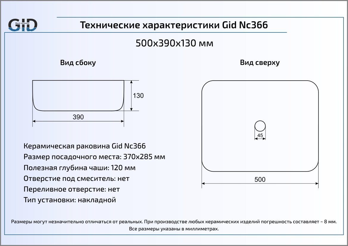 Раковина накладная 50см Gid Nc366 белый/чёрный