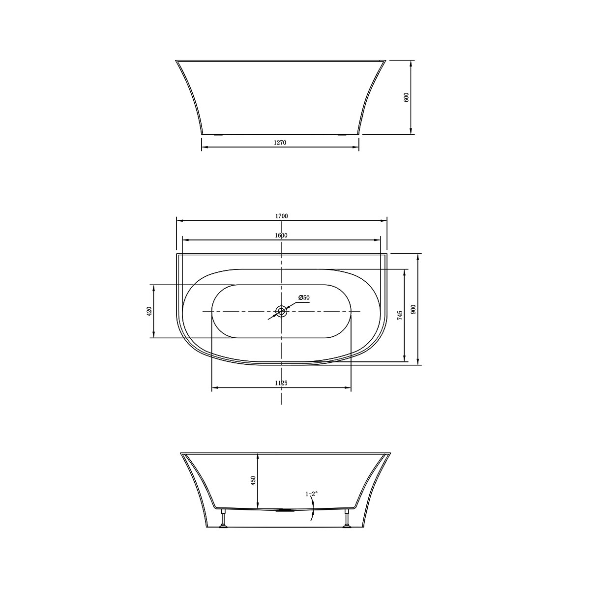 Ванна акриловая Vincea VBT-423-1700, 1700*900*600, цвет белый, слив-перелив в комплекте, хром
