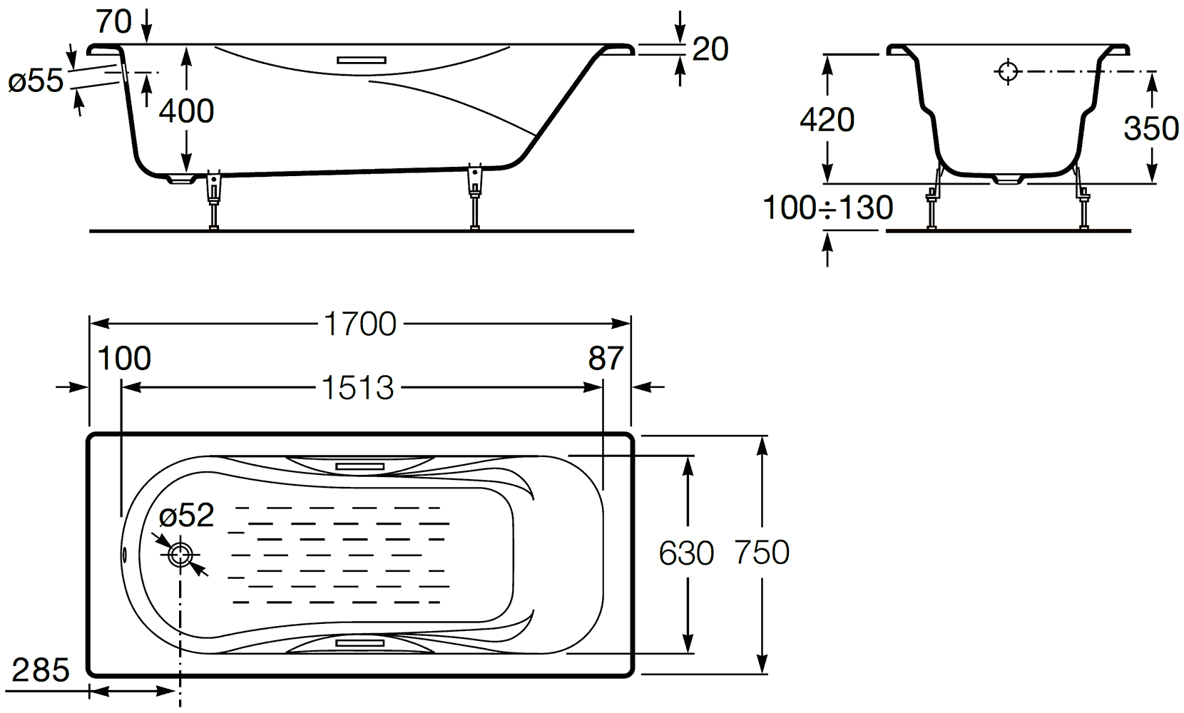 Чугунная ванна Roca Malibu 2309G000R 170х75 см с отверстиями под ручки