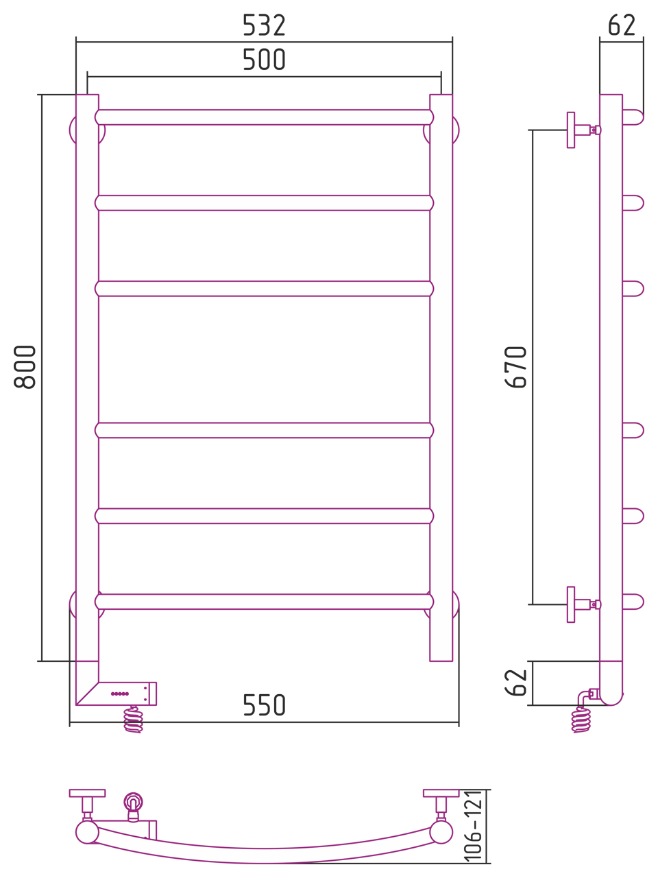 Полотенцесушитель электрический Сунержа Галант 2.0 80х50 состаренная бронза, подключение правое