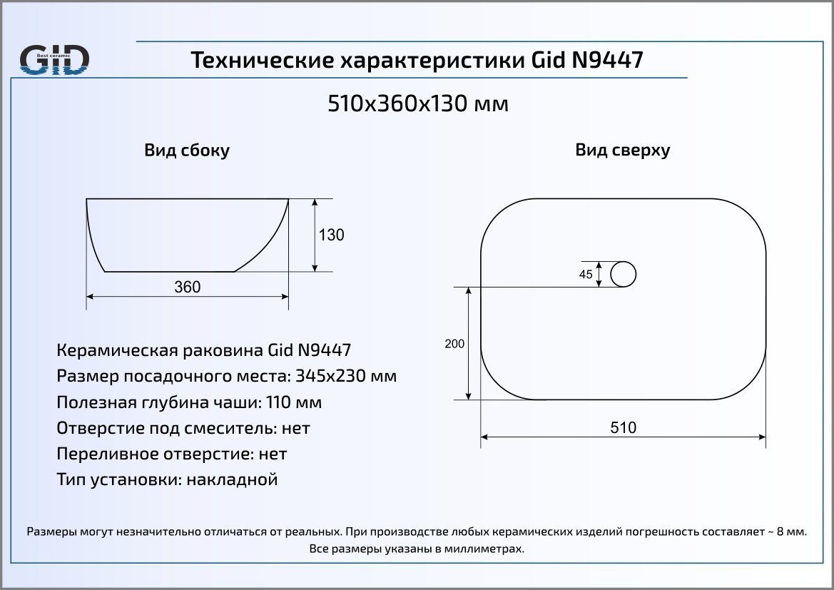 Раковина накладная 51см Gid N9447 белый