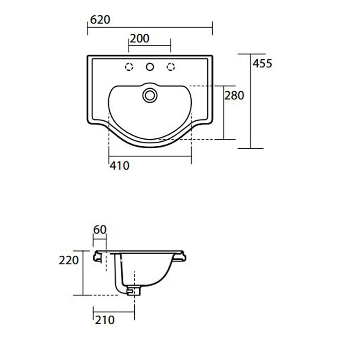 Раковина встраиваемая сверху на 3 отверстия 62см Kerasan Retro 103001*3 белый