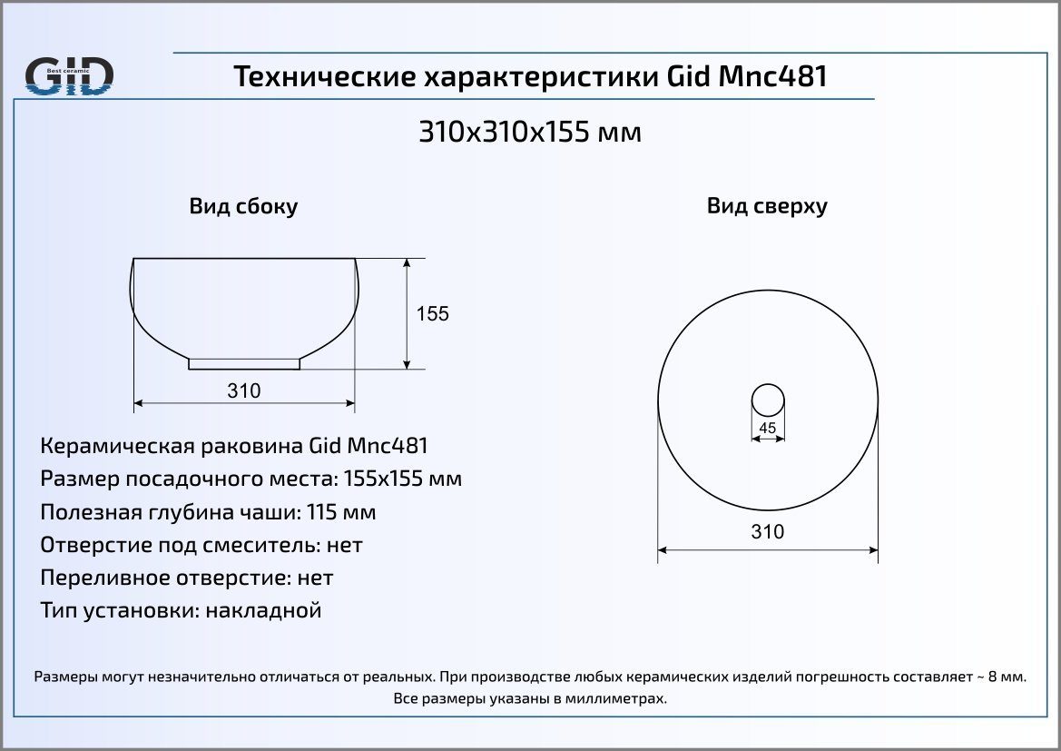Раковина накладная 31см Gid Mnc481 серый
