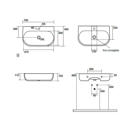 Раковина подвесная / накладная 70см Kerasan Nolita 534201*1 белый