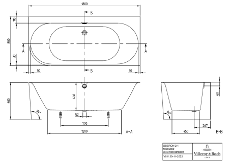 Квариловая ванна Villeroy & Boch Oberon 2.1 180х80 UBQ180OBN9CR00VD-01 белая, установка в правый угол