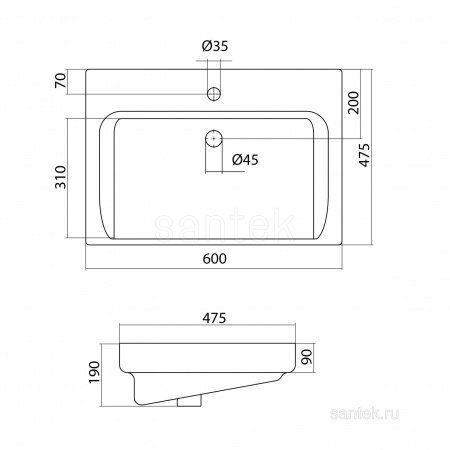 Раковина Santek Тигода 60 отверстие под смеситель 1WH302082