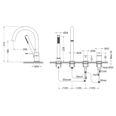 Смеситель на борт ванны Timo Saona 2320/18Y черное золото