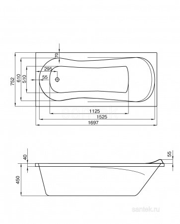 Акриловая ванна Santek Каледония 170х75 прямоугольная белая 1WH302391