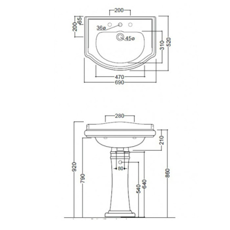 Раковина подвесная 69см Kerasan Retro 104601*1 белый