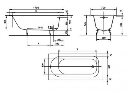 Чугунная ванна Jacob Delafon Soissons 170x70 см без ручек