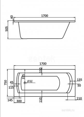 Акриловая ванна Santek Монако XL 170х75 прямоугольная белая 1WH111980