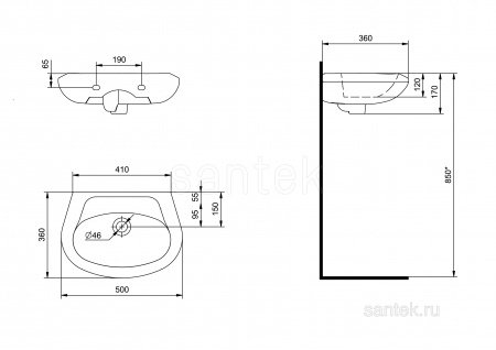 Раковина Santek Бриз 50 без отверстия под смеситель 1WH110448
