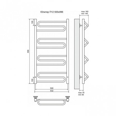 Полотенцесушитель электрический Terminus Юпитер П12 500x996, ТЭН HT-1 300W, левый/правый