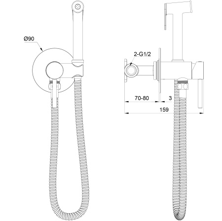 Смеситель с гигиеническим душем встраиваемый WONZON & WOGHAND STICK, Черный матовый (WW- 88829902-MB)