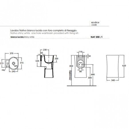 Раковина подвесная 35см Azzurra Nativo NAT200/1 bi*1 белый