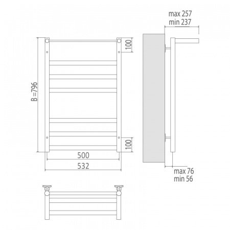 Полотенцесушитель электрический Terminus Хендрикс П7 500x796, ТЭН HT-1 300W, левый/правый