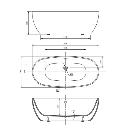 Ванна акриловая Vincea VBT-405-1600, 1600*780*580, цвет белый, слив-перелив в комплекте, хром