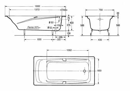 Чугунная ванна Jacob Delafon Repos 160x75 см c отверстиями под ручки