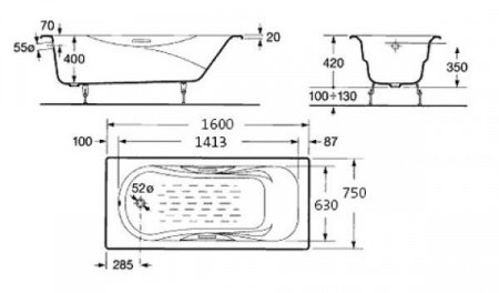 Чугунная ванна Roca Malibu 2310G000R 160x75 см с отверстиями под ручки