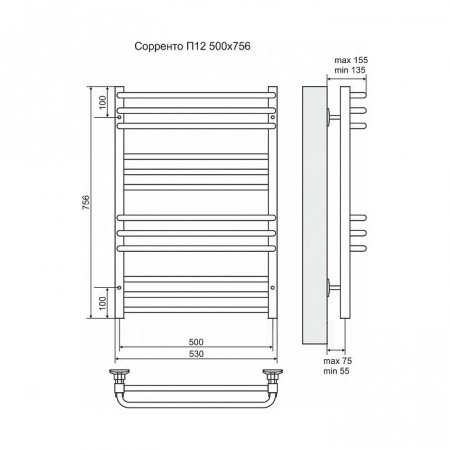 Полотенцесушитель электрический Terminus Сорренто П12 500x756, ТЭН HT-1 300W, левый/правый