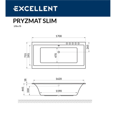Ванна акриловая EXCELLENT Pryzmat Slim 170x75