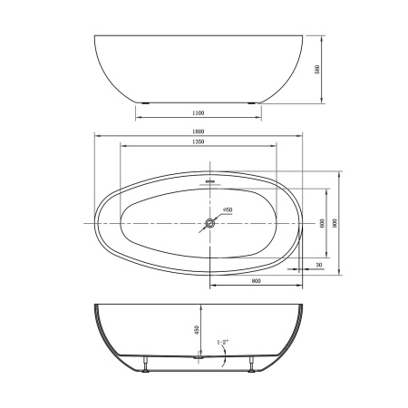 Ванна акриловая Vincea VBT-422-1800, 1800*900*580, цвет белый, слив-перелив в комплекте, хром