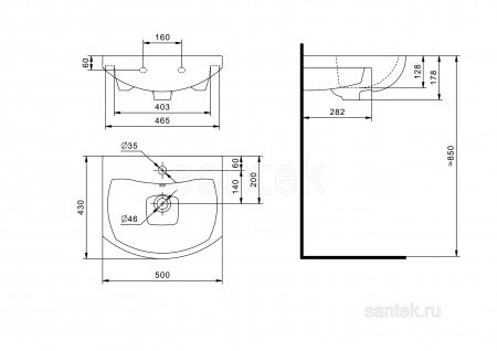 Раковина Santek Балтика 50 отверстие под смеситель 1WH501701