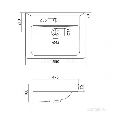 Раковина Santek Тигода 55 отверстие под смеситель 1WH302126