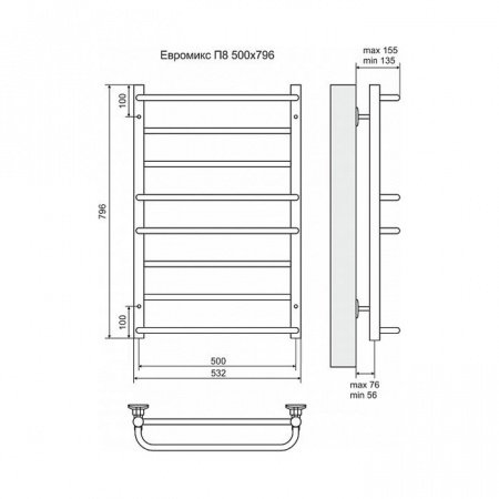 Полотенцесушитель электрический Terminus Евромикс П8 500x796, ТЭН HT-1 300W, левый/правый