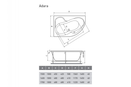 Ванна акриловая левосторонняя Relisan ADARA Гл000013731, 170x100