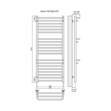 Полотенцесушитель электрический Terminus Орион П20 500x1270, ТЭН HT-1 300W, левый/правый