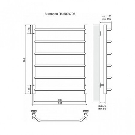 Полотенцесушитель электрический Terminus Виктория П6 600x796, ТЭН HT-1 300W, левый/правый