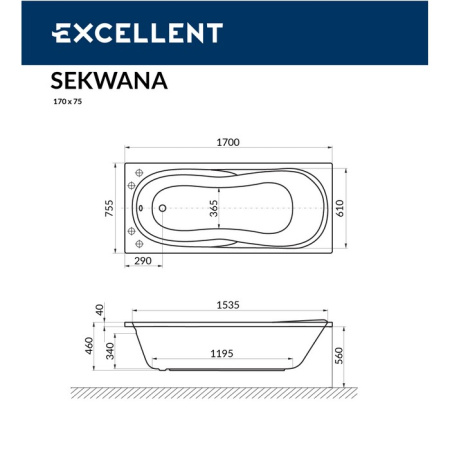 Ванна акриловая EXCELLENT Sekwana 170x75