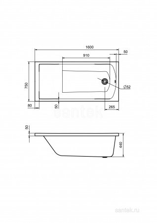 Акриловая ванна Santek Фиджи 160х75 прямоугольная 1WH501597