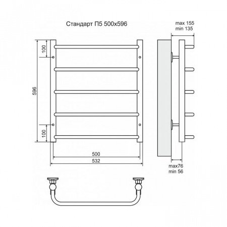 Полотенцесушитель электрический Terminus Стандарт П5 500x596, ТЭН HT-1 300W, левый/правый