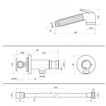 Гигиенический душ со смесителем Bossini Nikita E37008B.021 золото