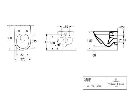 Унитаз подвесной безободковый Villeroy & Boch Antao 4674T0R7 черный матовый, с покрытием CeramicPlus, без сиденья