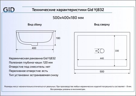 Раковина встраиваемая снизу 50см Gid Yj832 белый