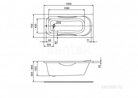 Акриловая ванна Santek Тенерифе 150х70 прямоугольная белая 1WH302213