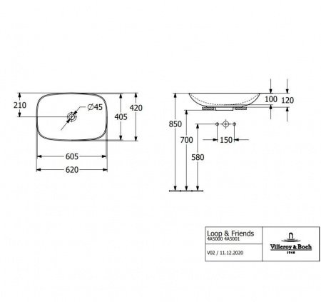 Раковина накладная 62см Villeroy & Boch Loop & Friends 4A500001 белый